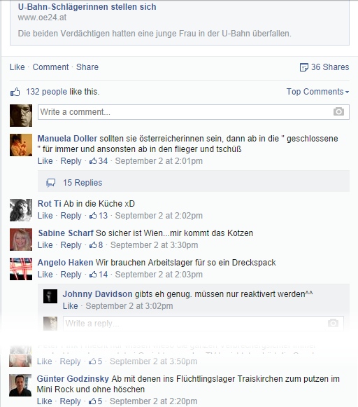 Diskussion zum Artikel "U-Bahn-Schlägerinnen stellen sich" auf der oe Facebookseite (aufgenommen am 07.09.2014 um 13:40 Uhr)
